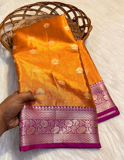 Burnt Orange Banarasi Tissue Saree with Magenta Contrast Border