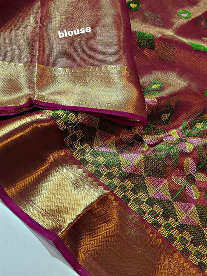 Maroon Banarasi Tissue Saree with Embroidery Work & Printed Pallu
