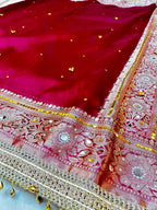 Premium Rani Banarasi Ghungroo Saree with All-Over Mirror Work, Attached Designer Lace & Golden Tassels