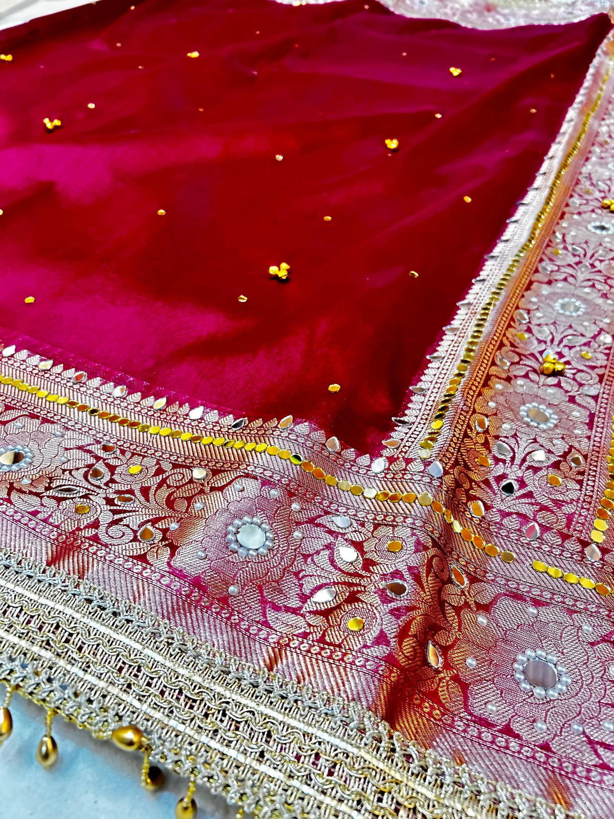 Premium Rani Banarasi Ghungroo Saree with All-Over Mirror Work, Attached Designer Lace & Golden Tassels