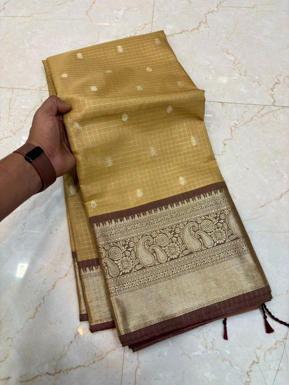 Elegant Golden Banarasi Katan Semi Silk Saree with Rich Zari Border | Traditional Wedding Wear
