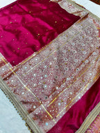 Premium Rani Banarasi Ghungroo Saree with All-Over Mirror Work, Attached Designer Lace & Golden Tassels