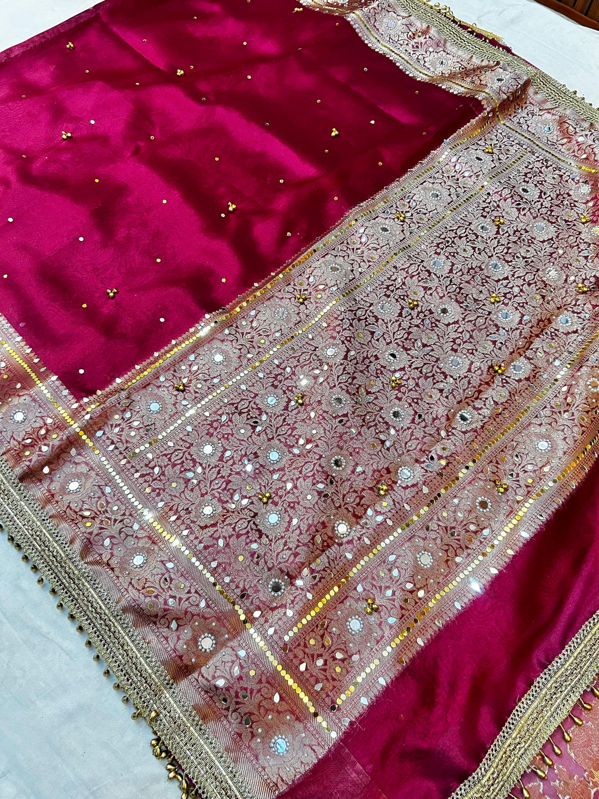 Premium Rani Banarasi Ghungroo Saree with All-Over Mirror Work, Attached Designer Lace & Golden Tassels