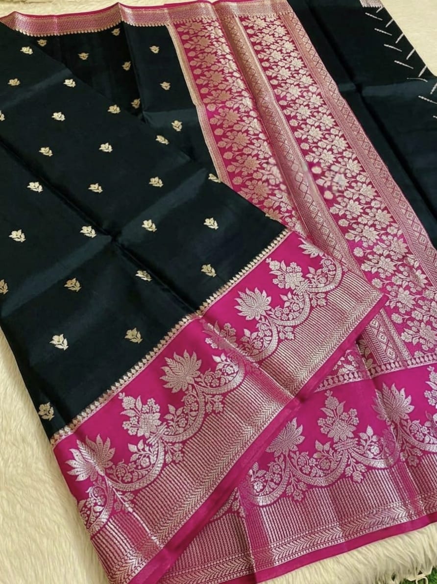 Black & Rani Banarasi Semi Silk Saree with Rich Floral Zari Border