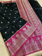 Black & Rani Banarasi Semi Silk Saree with Rich Floral Zari Border