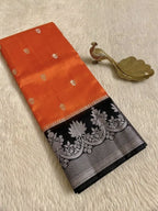 Orange & Black Banarasi Semi Silk Saree with Rich Floral Zari Border