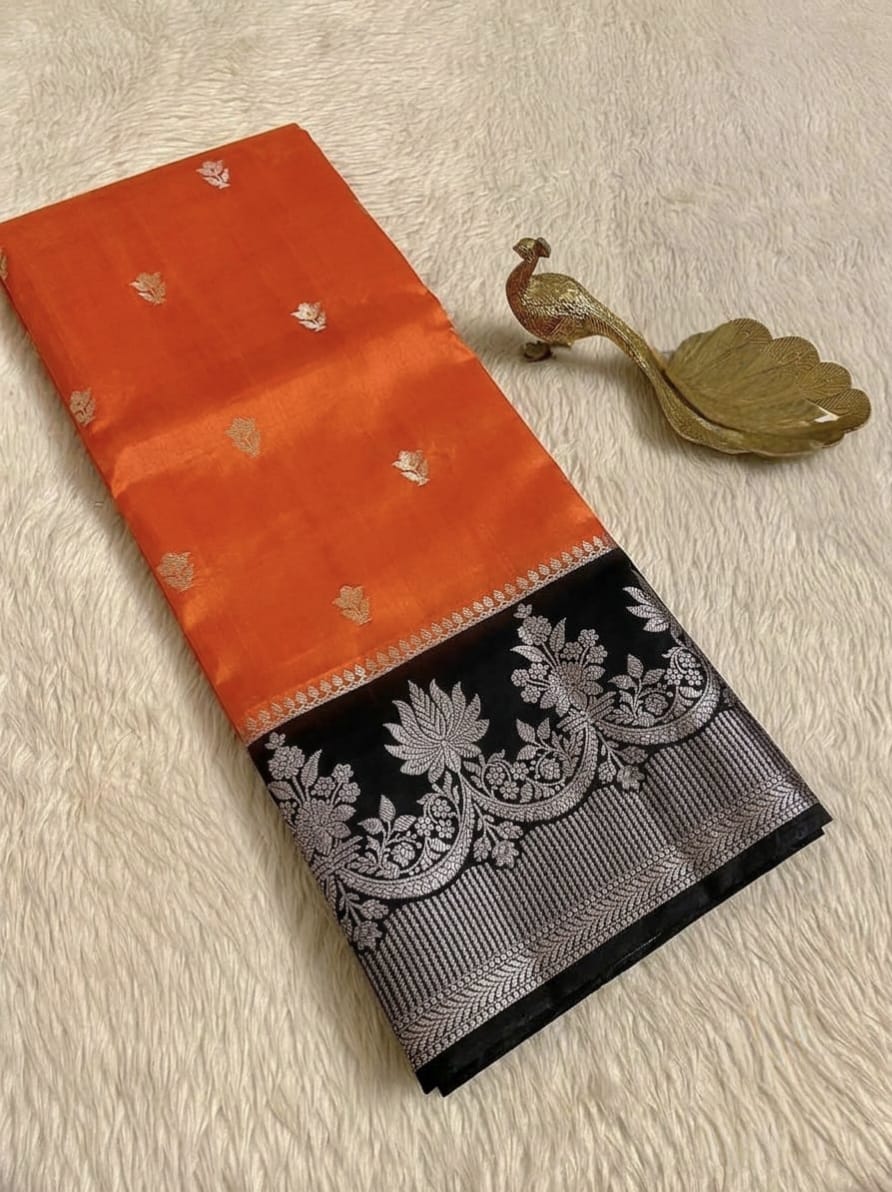 Orange & Black Banarasi Semi Silk Saree with Rich Floral Zari Border