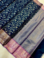The Elegant Royal Teal Banarasi Katan Silk Saree with Rich Lavender Zari Borde