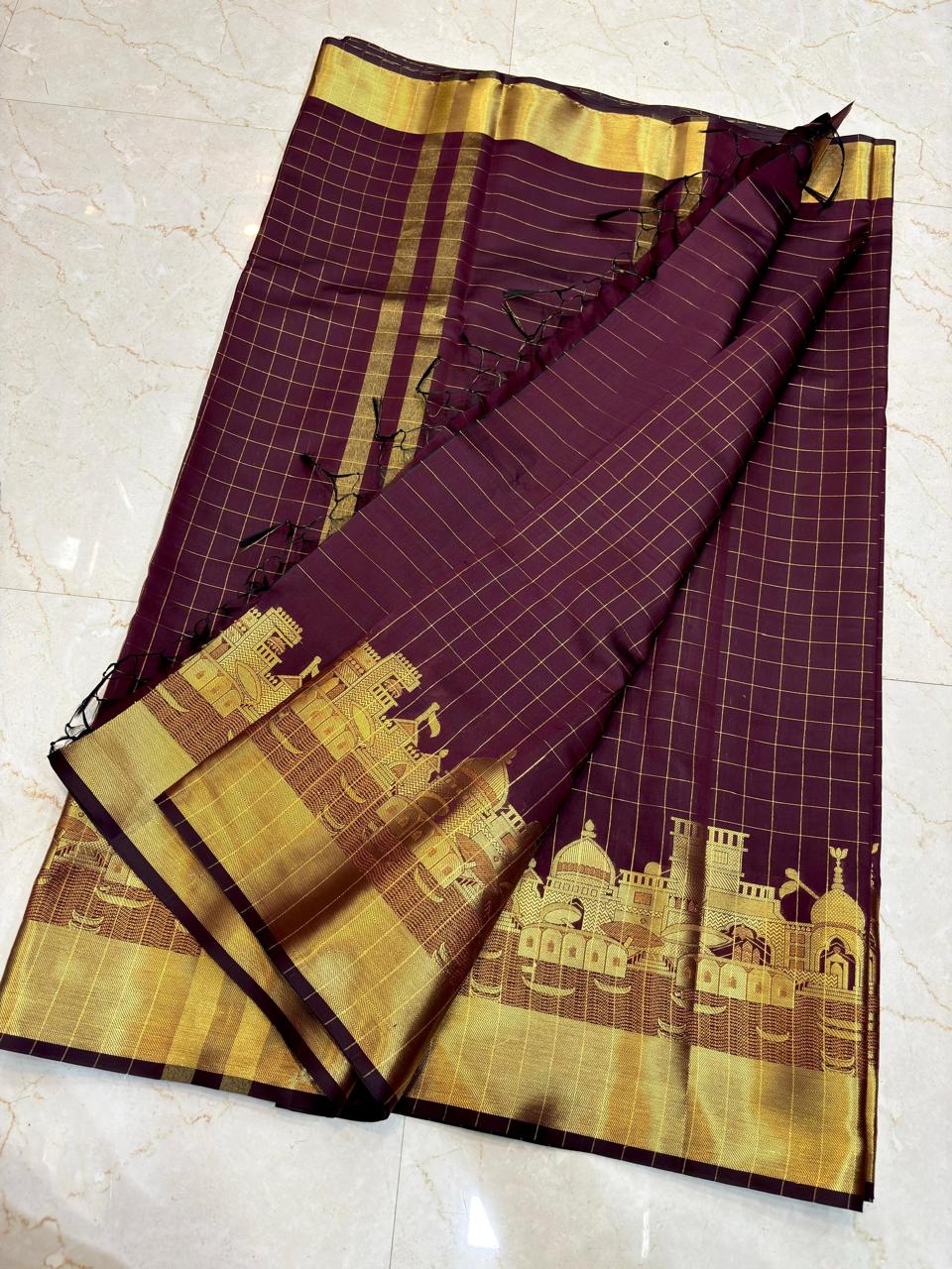 Royal Wine Purple Banarasi Katan Silk Saree | Premium Golden Zari Temple Border | Heritage Design Wedding Saree
