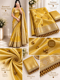 Premium Banarasi Ghungroo Tissue Saree with Attached Lace Work – Golden