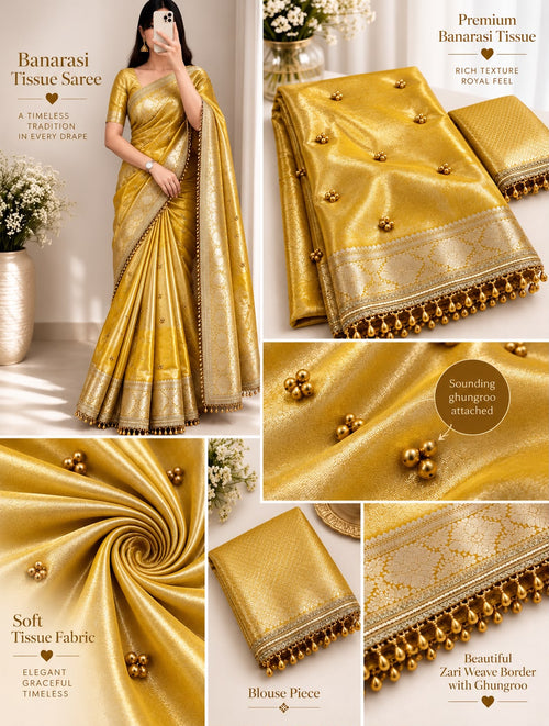 Premium Banarasi Ghungroo Tissue Saree with Attached Lace Work – Golden