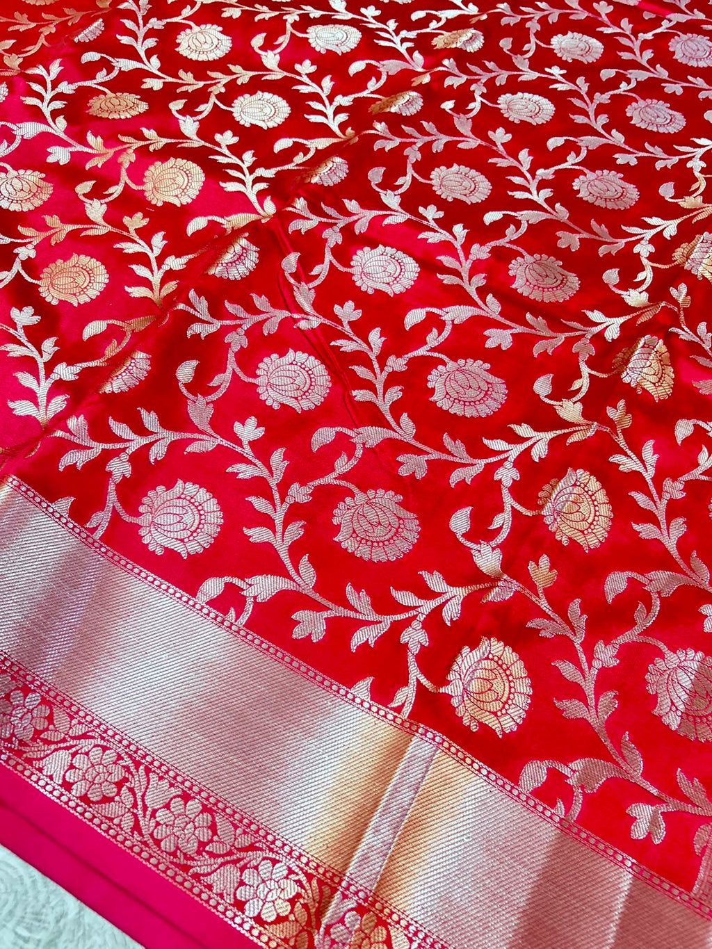 Royal Red Banarasi Katan Semi Silk Saree with Rich Golden Zari Floral Jaal Weaving