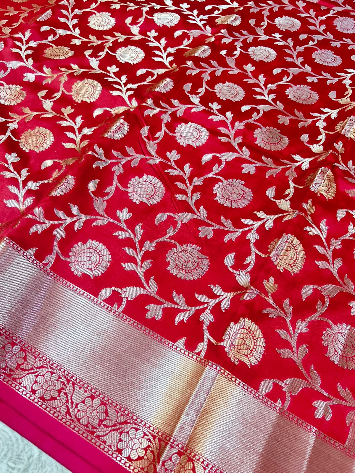 Royal Red Banarasi Katan Semi Silk Saree with Rich Golden Zari Floral Jaal Weaving