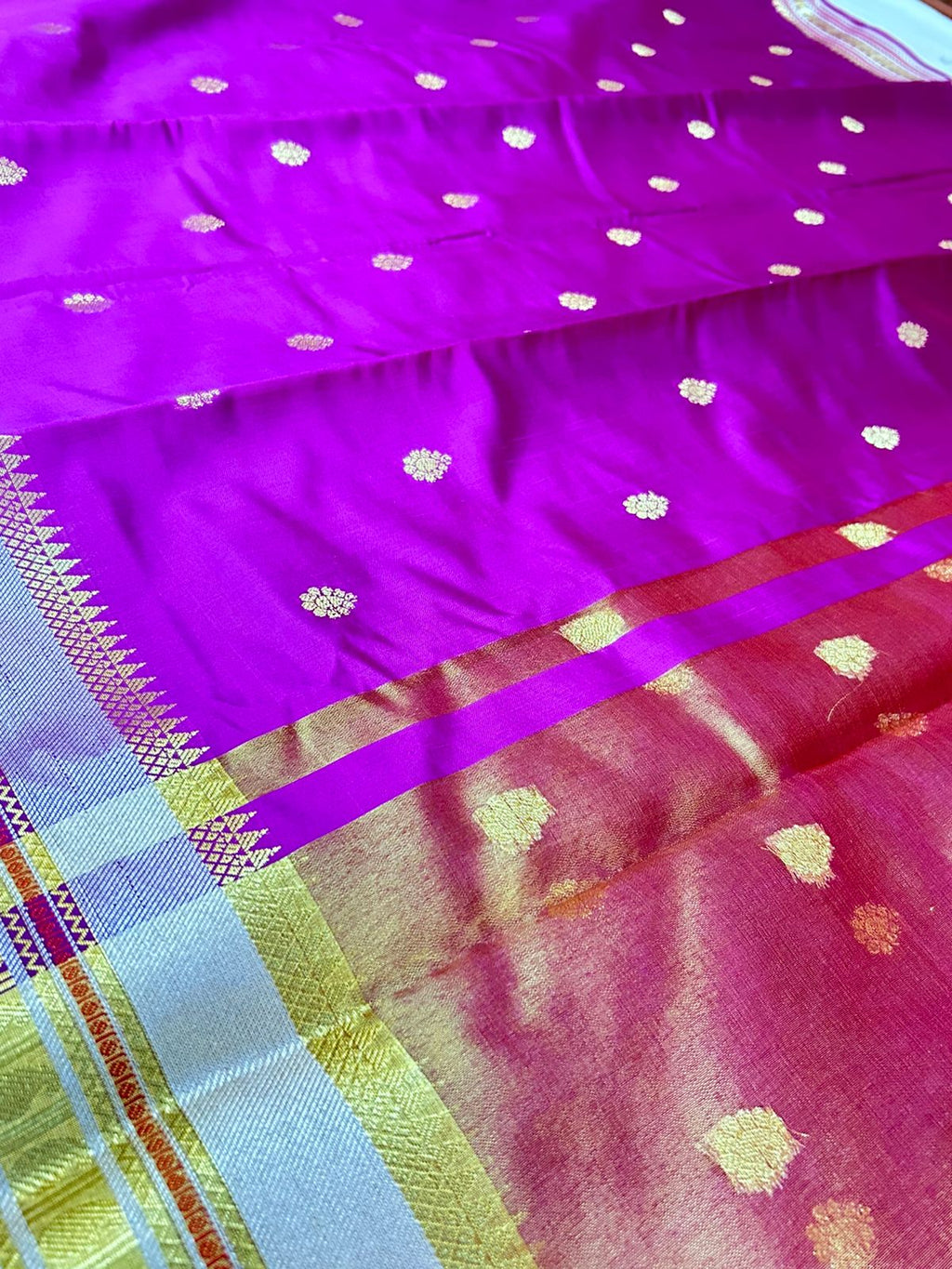 Royal Rani Pink Banarasi Katan Silk Saree with Rich Zari Buti & Contrast Gold Pallu