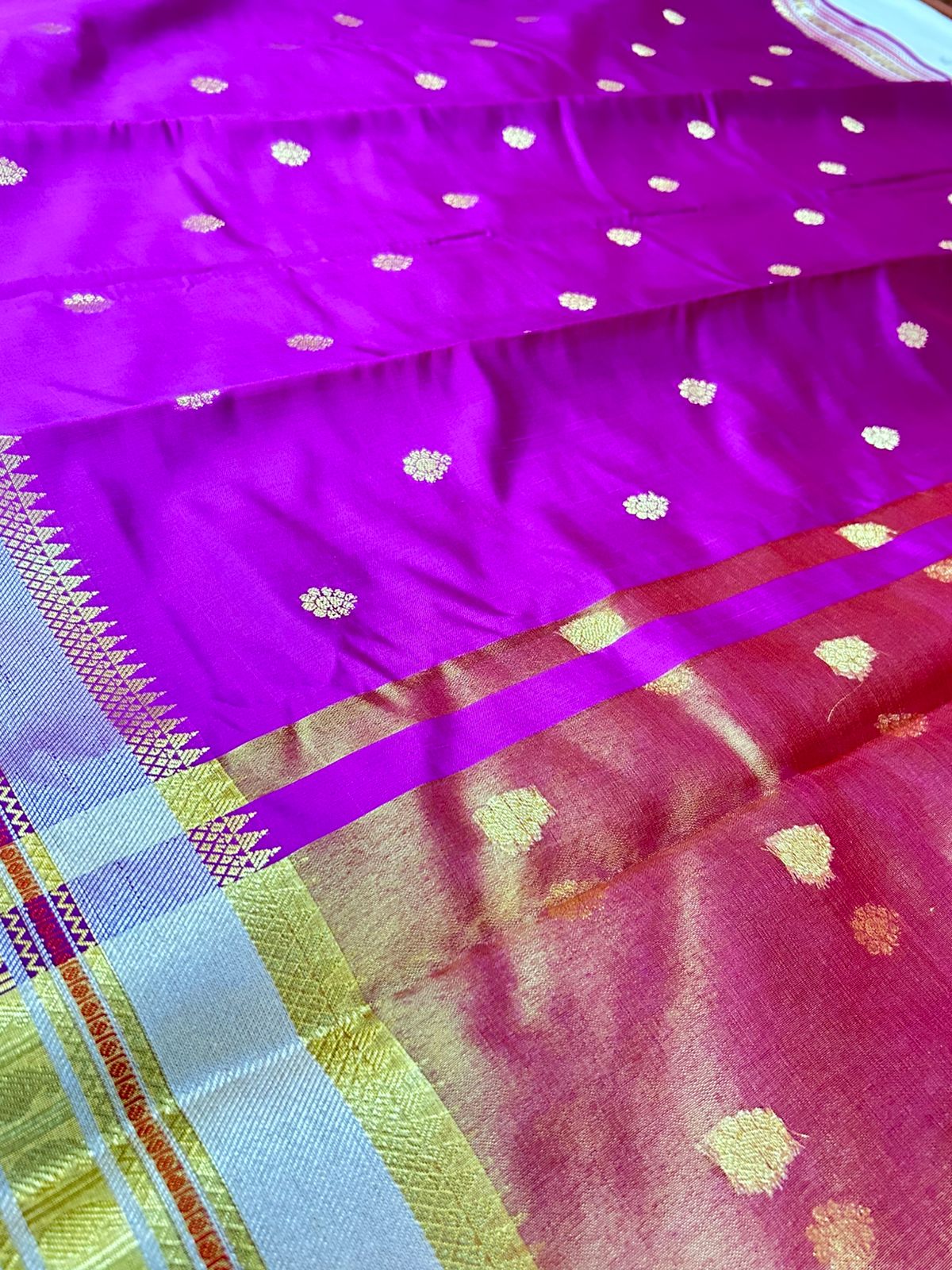 Royal Rani Pink Banarasi Katan Silk Saree with Rich Zari Buti & Contrast Gold Pallu