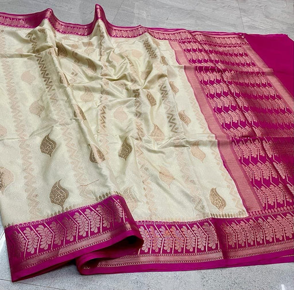 Elegant Off White & Rani Pink Banarasi Katan Semi Silk Saree | Traditional Woven Party Wear Saree
