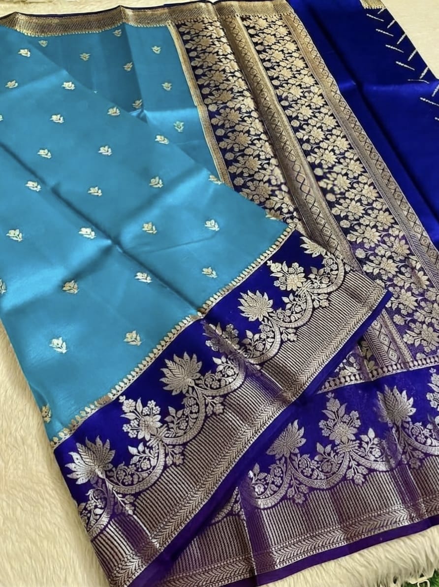 Aqua Blue Banarasi Semi Silk Saree with Rich Floral Zari Weaving