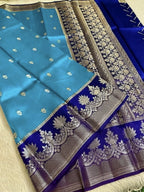 Aqua Blue Banarasi Semi Silk Saree with Rich Floral Zari Weaving