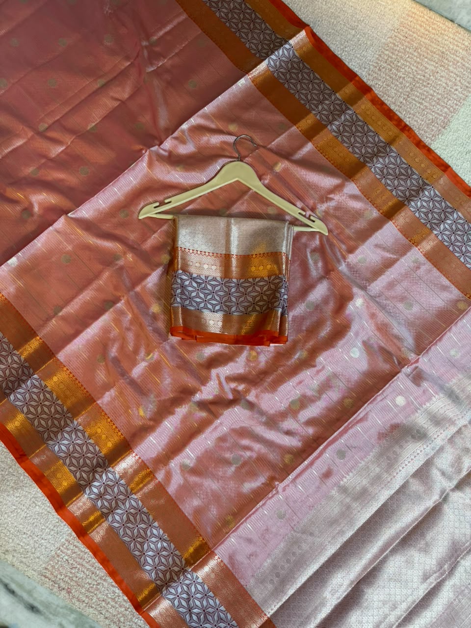 Elegant Peach Banarasi Katan Silk Saree with Copper-Golden Zari & Geometric Border