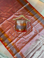 Elegant Peach Banarasi Katan Silk Saree with Copper-Golden Zari & Geometric Border