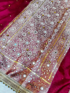 Premium Rani Banarasi Ghungroo Saree with All-Over Mirror Work, Attached Designer Lace & Golden Tassels