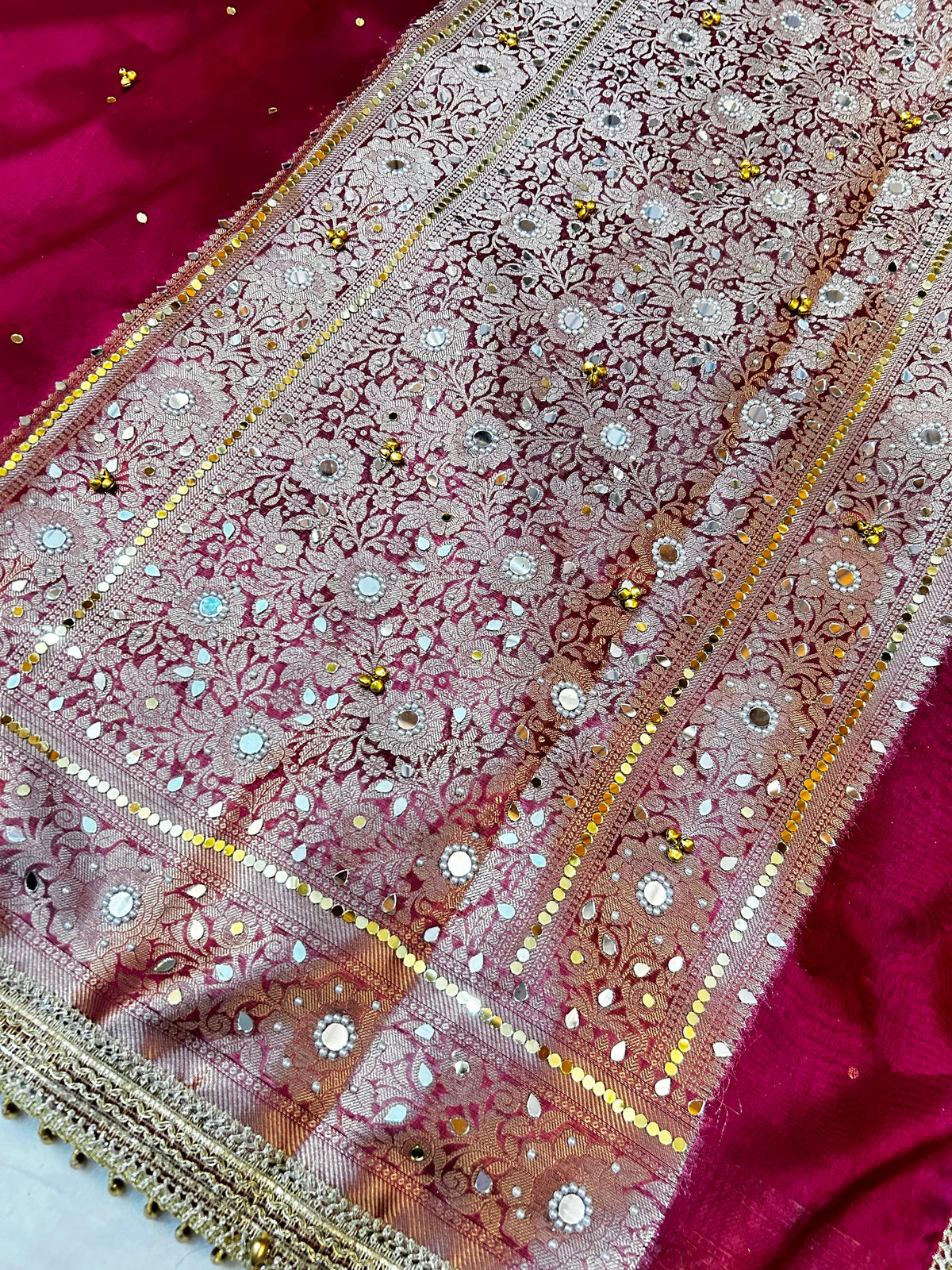 Premium Rani Banarasi Ghungroo Saree with All-Over Mirror Work, Attached Designer Lace & Golden Tassels