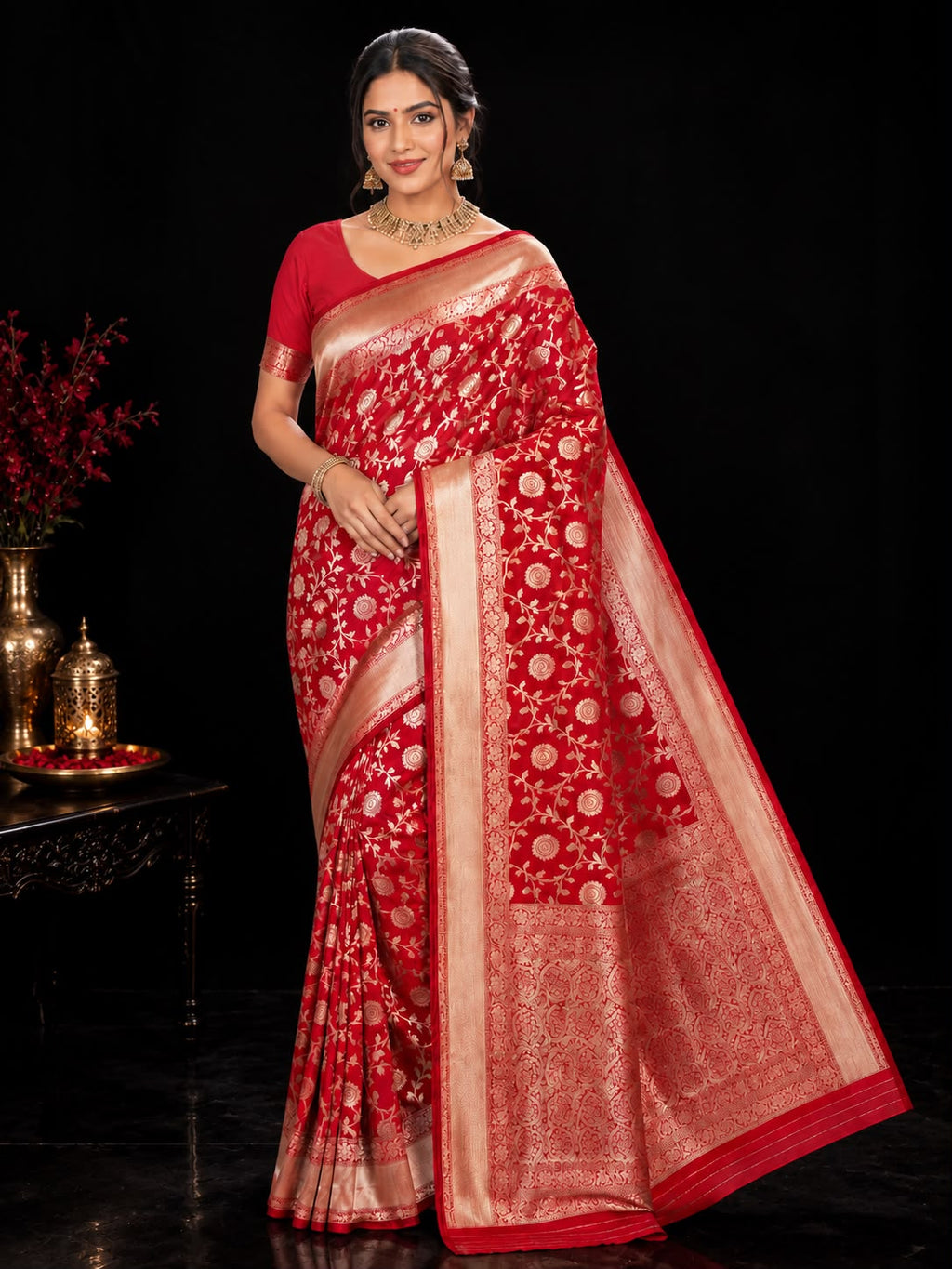 Royal Red Banarasi Katan Semi Silk Saree with Rich Golden Zari Floral Jaal Weaving