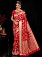 Royal Red Banarasi Katan Semi Silk Saree with Rich Golden Zari Floral Jaal Weaving