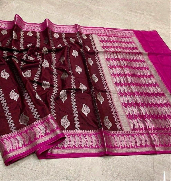 Elegant Wine & Rani Pink Banarasi Katan Semi Silk Saree | Traditional Woven Party Wear Saree