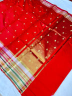 Classic Vermilion Red Banarasi Katan Silk Saree with Rich Zari Buti & Golden Pallu