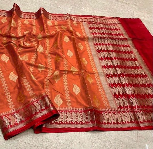 Elegant Peach & Red Banarasi Katan Semi Silk Saree | Traditional Woven Party Wear Saree
