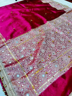 Premium Rani Banarasi Ghungroo Saree with All-Over Mirror Work, Attached Designer Lace & Golden Tassels