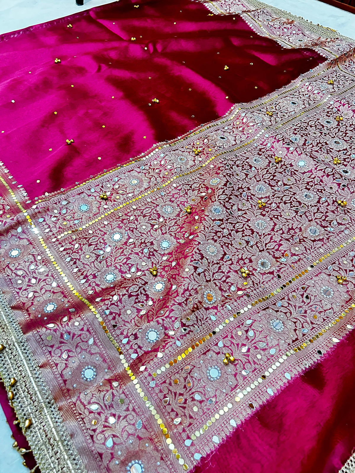 Premium Rani Banarasi Ghungroo Saree with All-Over Mirror Work, Attached Designer Lace & Golden Tassels