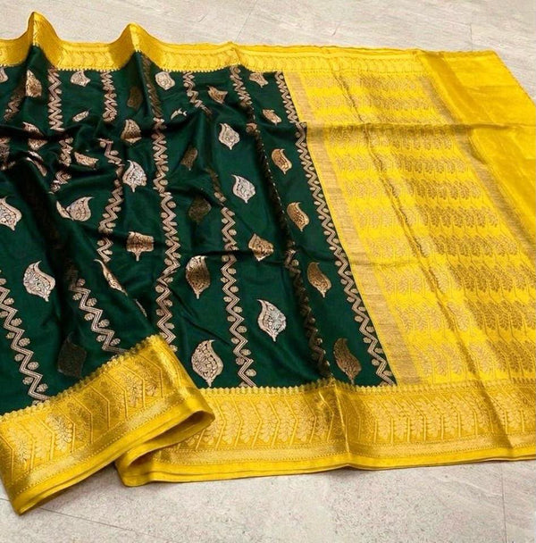 Elegant Dark Green & Golden Yellow Banarasi Semi Cotton Silk Saree | Traditional Woven Party Wear Saree