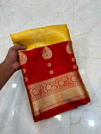 Royal Mustard Yellow & Ruby Red Banarasi Katan Silk Saree with Rich Gold Zari Weaving