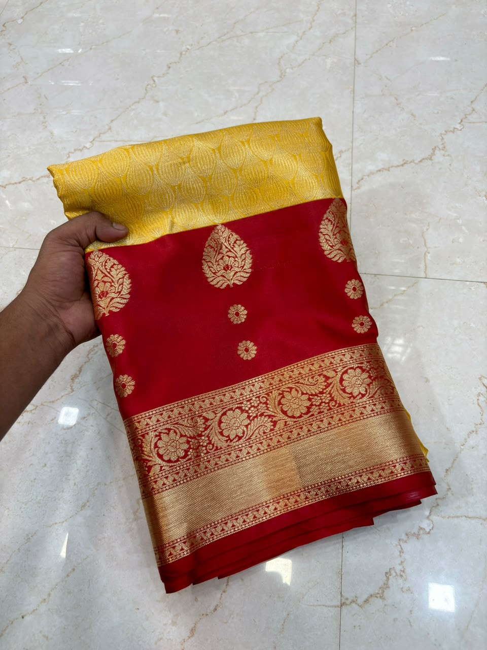 Royal Mustard Yellow & Ruby Red Banarasi Katan Silk Saree with Rich Gold Zari Weaving