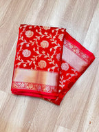 Royal Red Banarasi Katan Semi Silk Saree with Rich Golden Zari Floral Jaal Weaving