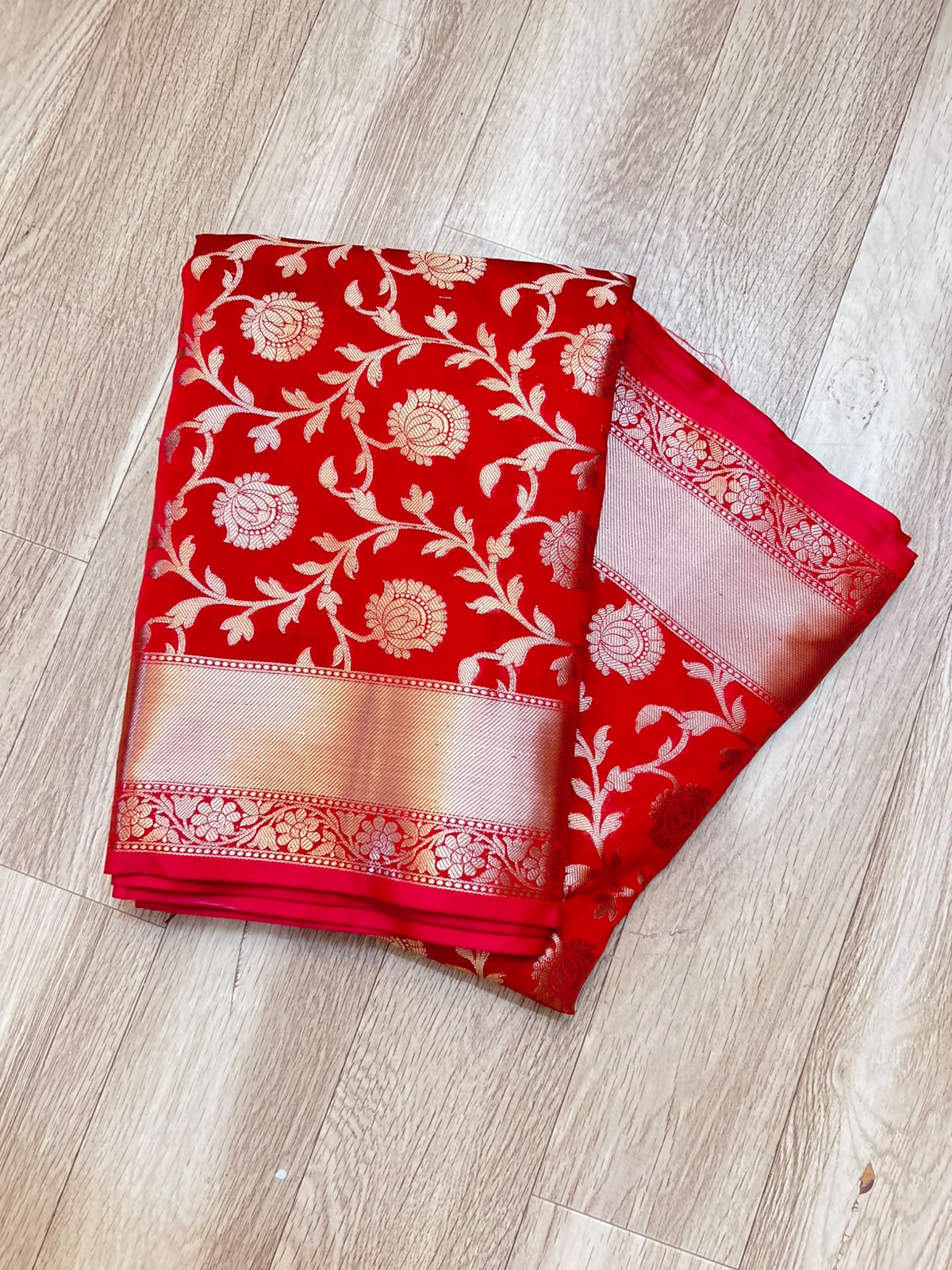 Royal Red Banarasi Katan Semi Silk Saree with Rich Golden Zari Floral Jaal Weaving