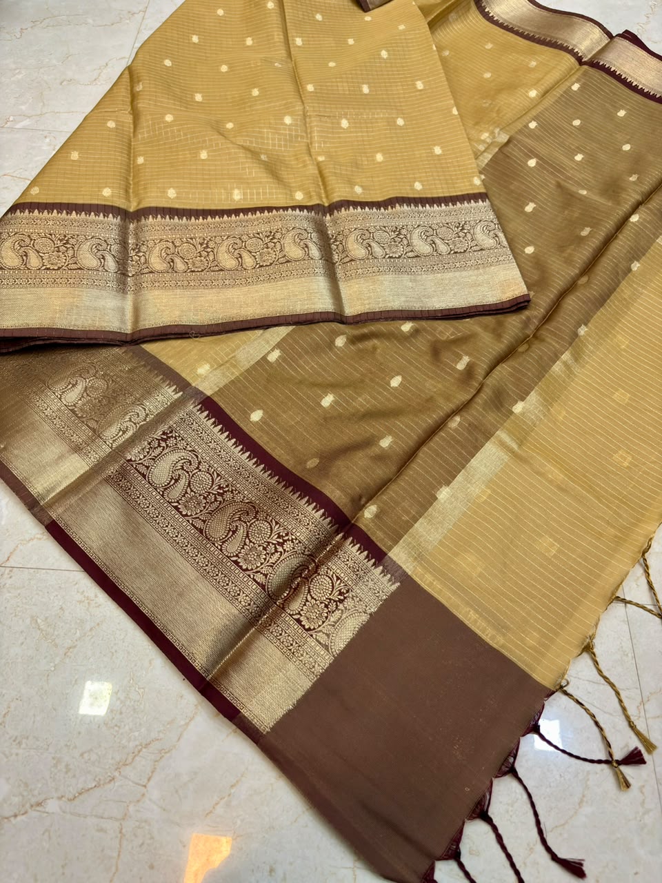 Elegant Golden Banarasi Katan Semi Silk Saree with Rich Zari Border | Traditional Wedding Wear