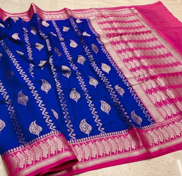 Elegant Royal Blue & Rani Pink Banarasi Semi Cotton Silk Saree | Traditional Woven Party Wear Saree