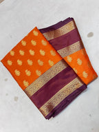 Royal Orange Banarasi Katan Silk Saree with Wine Purple Zari Border