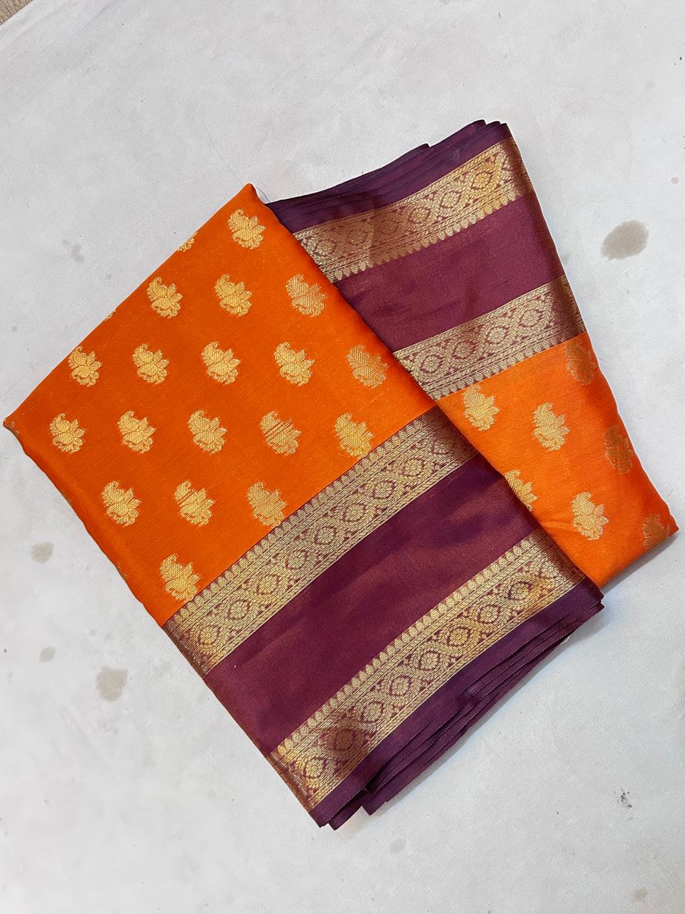 Royal Orange Banarasi Katan Silk Saree with Wine Purple Zari Border