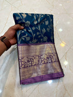 The Elegant Royal Teal Banarasi Katan Silk Saree with Rich Lavender Zari Borde