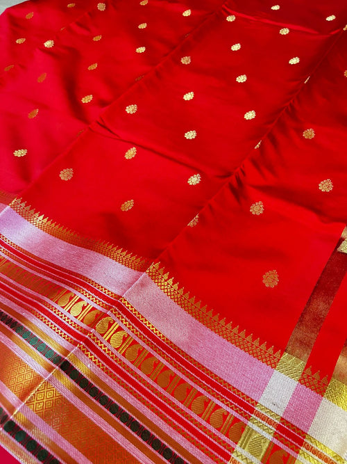 Classic Vermilion Red Banarasi Katan Silk Saree with Rich Zari Buti & Golden Pallu