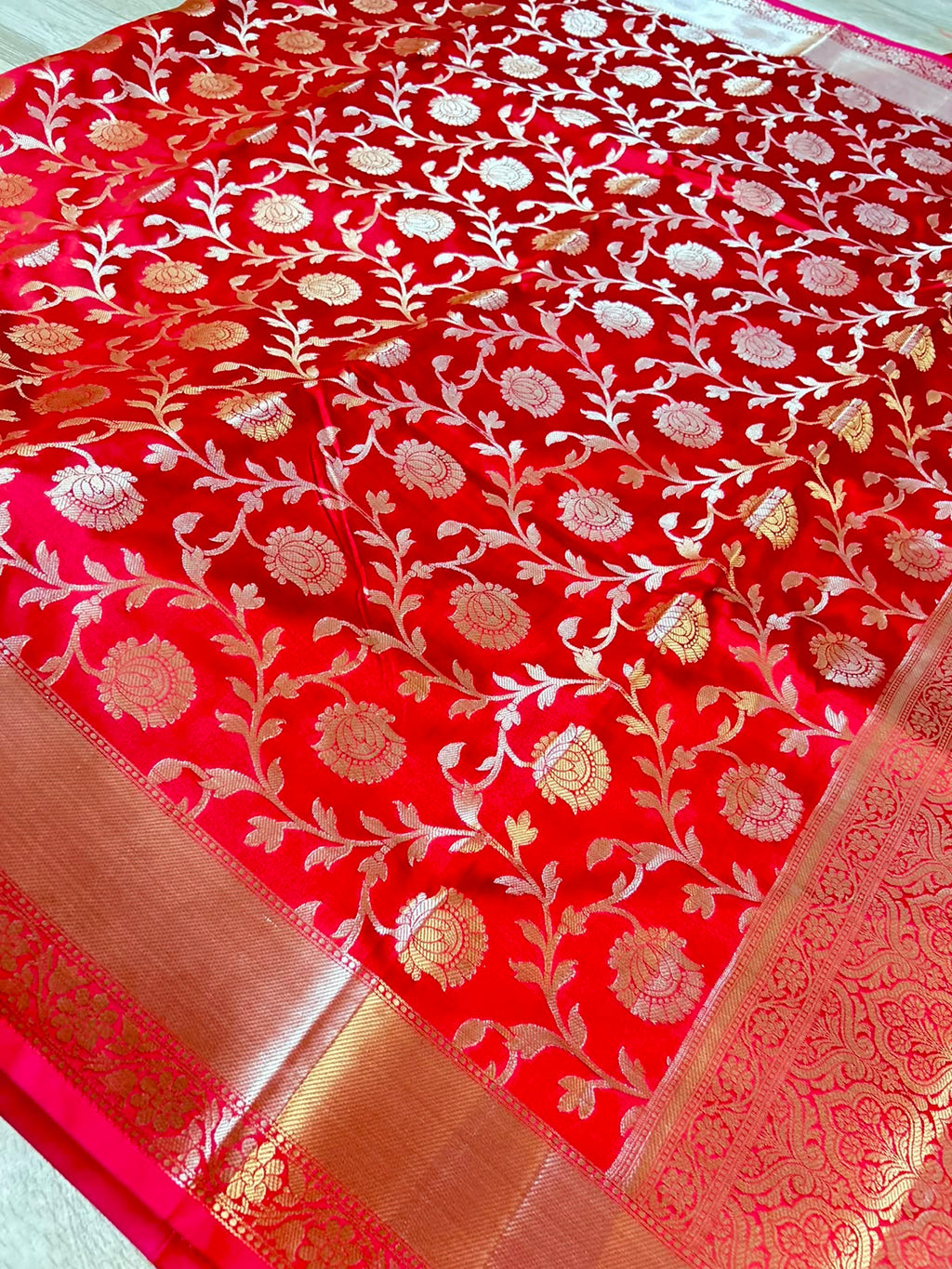 Royal Red Banarasi Katan Semi Silk Saree with Rich Golden Zari Floral Jaal Weaving