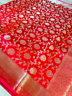 Royal Red Banarasi Katan Semi Silk Saree with Rich Golden Zari Floral Jaal Weaving