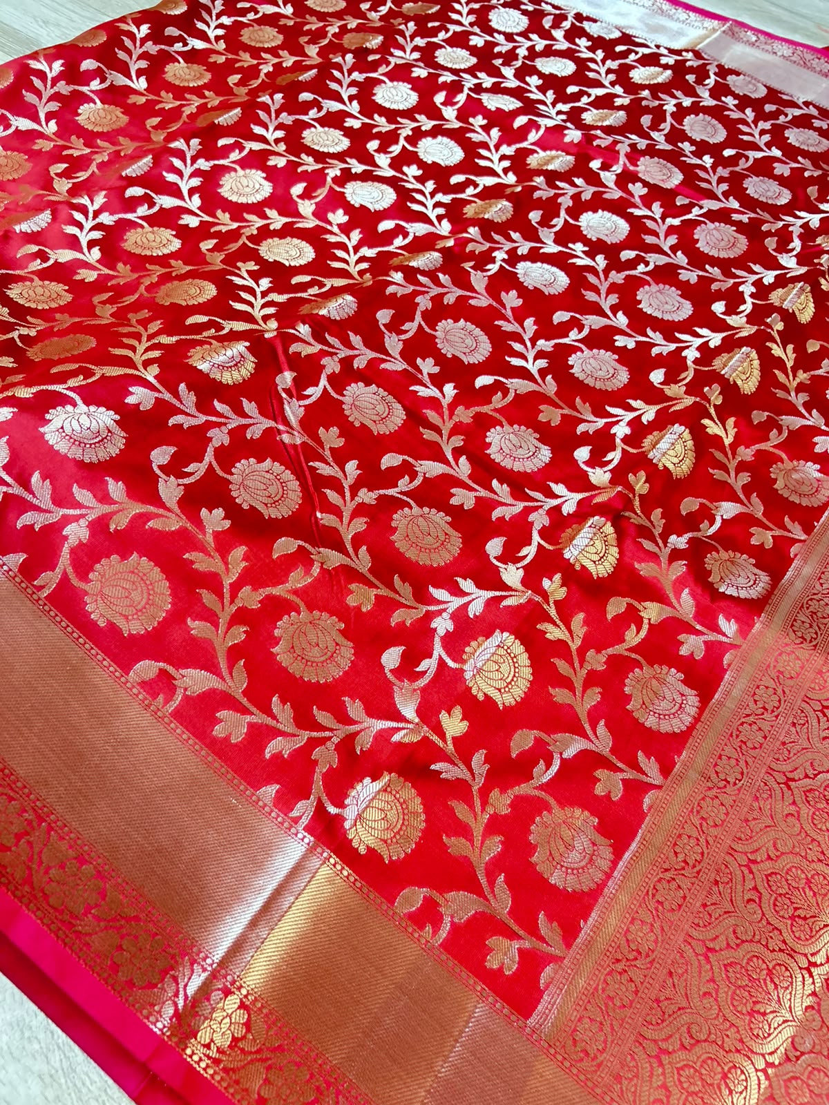 Royal Red Banarasi Katan Semi Silk Saree with Rich Golden Zari Floral Jaal Weaving
