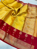 Royal Mustard Yellow & Ruby Red Banarasi Katan Silk Saree with Rich Gold Zari Weaving