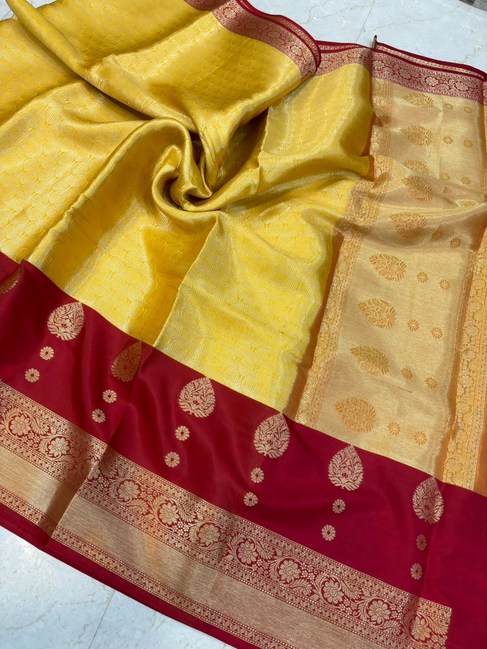 Royal Mustard Yellow & Ruby Red Banarasi Katan Silk Saree with Rich Gold Zari Weaving