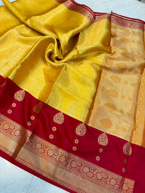 Royal Mustard Yellow & Ruby Red Banarasi Katan Silk Saree with Rich Gold Zari Weaving
